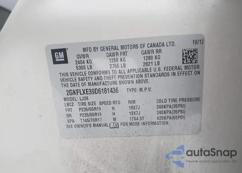 2013 GMC Terrain Slt-2 z USA, uszkodzony, nr VIN 2GKFLXE39D6181436